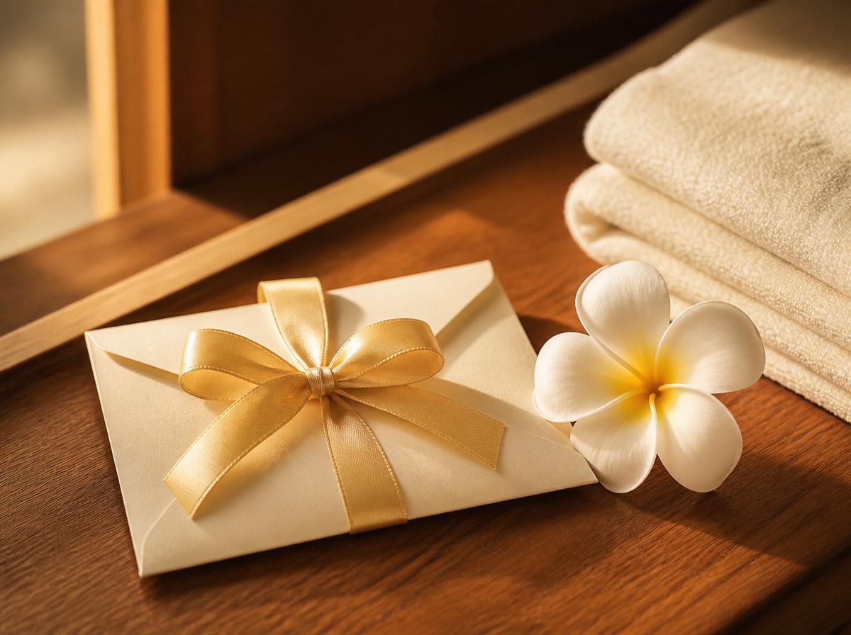 Gutschein-Geschenk mit Goldband und Plumeria-Blüte